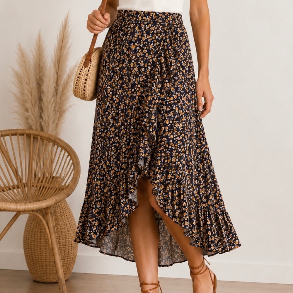 Dress Forum Night Sky Floral Wrap Midi Skirt Boho Ruffle Hem Women's MP High Low